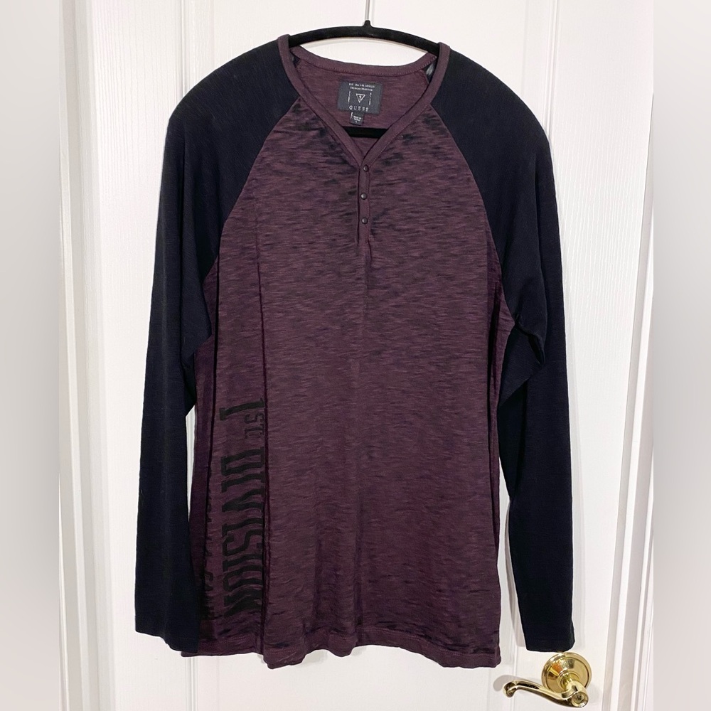 Guess Burnout Slub Knit Raglan Henley Long Sleeve Tee Purple Black Men’s Large
